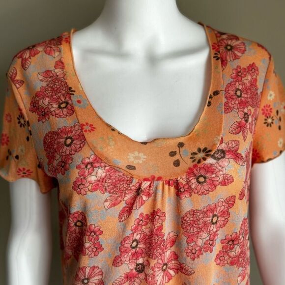 J. Jill Pink & Orange Floral Semi Sheer Mesh Lettuce Hem Scoop Neck Top - Picture 4 of 7